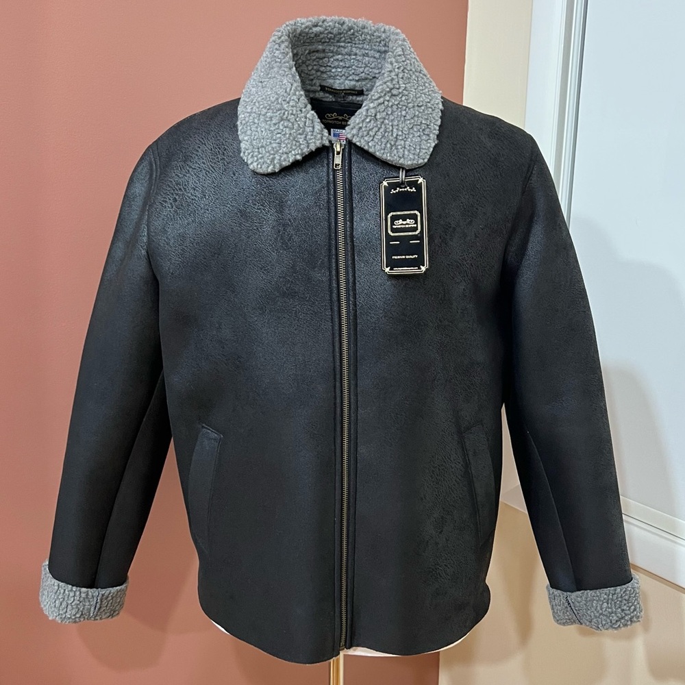 Black Suede Bomber Jacket with grey shearling